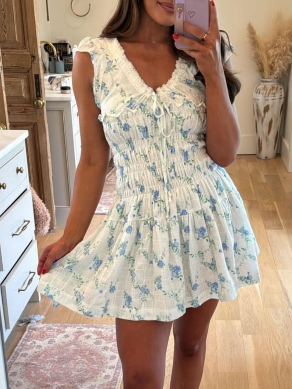 Smocked White Mini Dress with Blue Floral Print